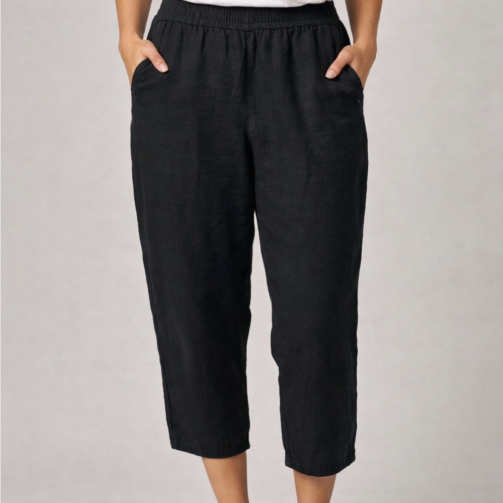 Madewell Women's Black Linen Cropped Elastic-Waist Pull On Pants